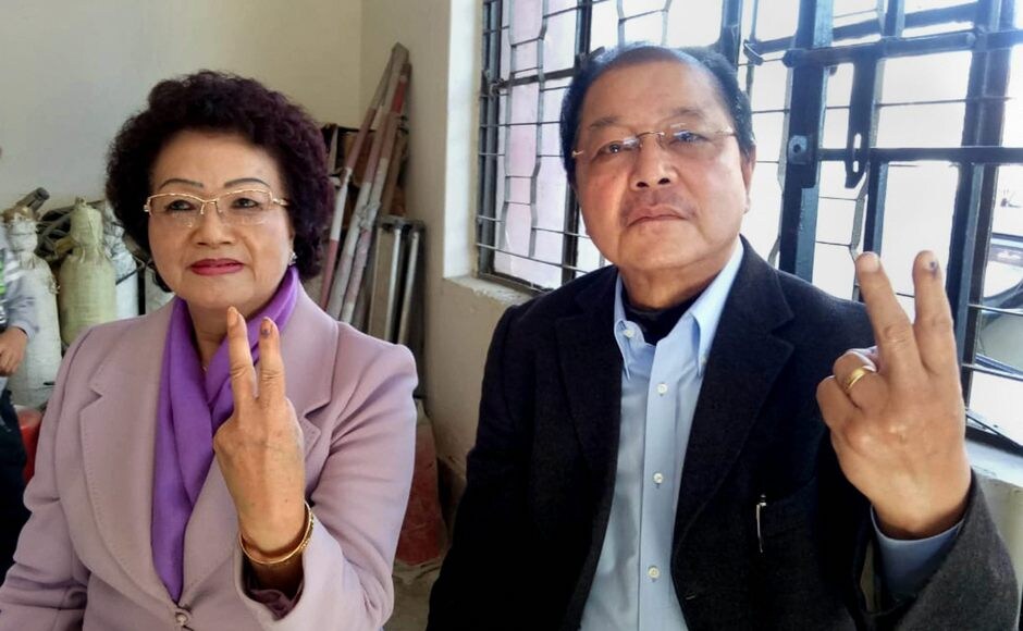 Mizoram Chief minister Lal Thanhawla and his wife Lal Riliani show their ink-marked fingers after casting their vote. PTI Mizoram Chief minister Lal Thanhawla and his wife Lal Riliani show their ink-marked fingers after casting their vote. PTI