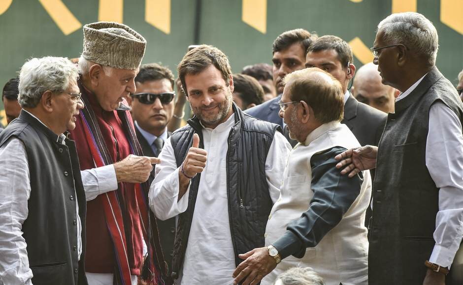 CPM general secretary Sitaram Yechury, National Conference president Farooq Abdullah, Congress president Rahul Gandhi, Loktantrik Janata Dal president Sharad Yadav were among the Opposition leaders who addressed the Kisan Mukti March. PTI CPM general secretary Sitaram Yechury, National Conference president Farooq Abdullah, Congress president Rahul Gandhi, Loktantrik Janata Dal president Sharad Yadav were among the Opposition leaders who addressed the Kisan Mukti March. PTI
