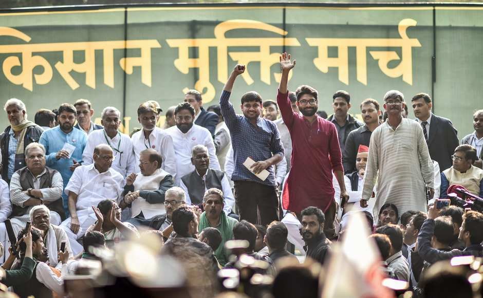 Former JNU president Kanhaiya Kumar and Gujarat MLA Jignesh Mevani were also present at the march. Leaders of all Opposition parties stood united with farmers. PTI Former JNU president Kanhaiya Kumar and Gujarat MLA Jignesh Mevani were also present at the march. Leaders of all Opposition parties stood united with farmers. PTI