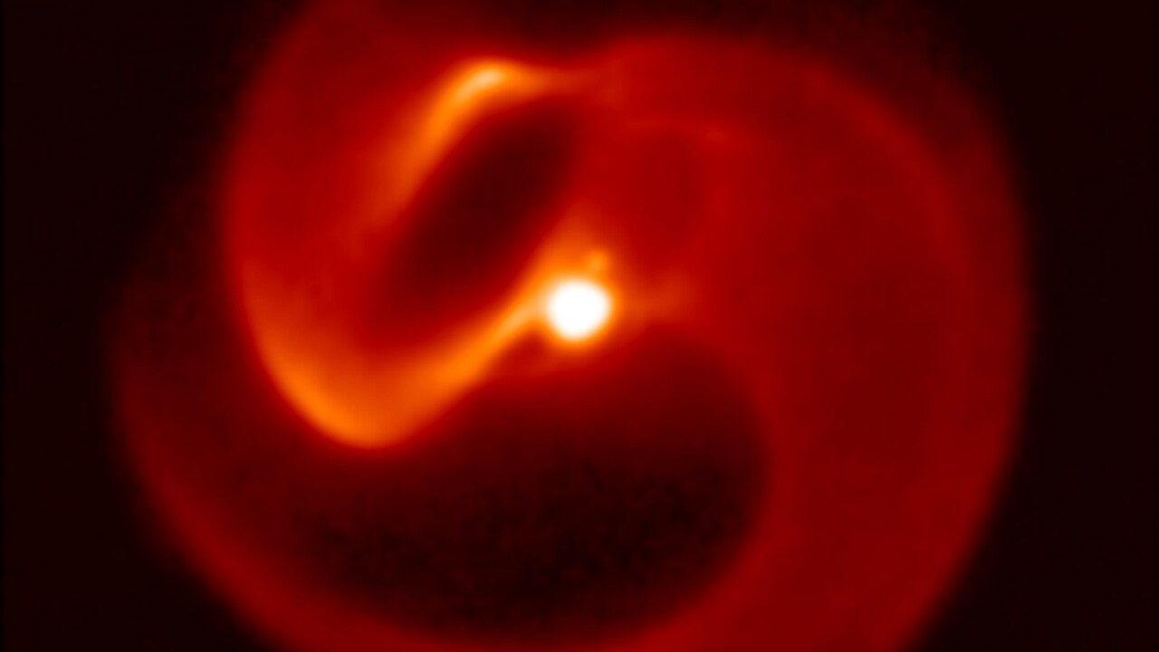 An image of Apep captured using thermal infrared imaging on ESO's VLT telescope in Chile. Scientists believe the structure originates from the centre, and the whole system contains three stars. Image courtesy: University of Sydney/ESO