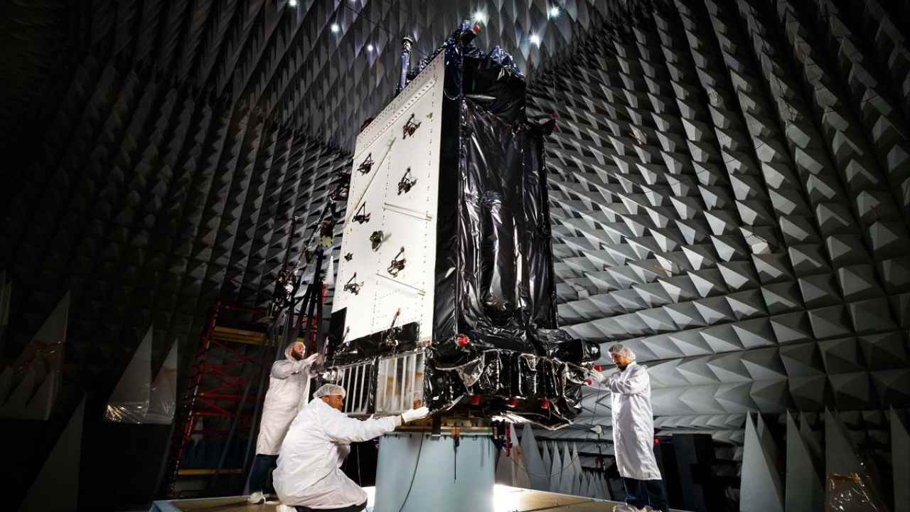 GPSIII at Lockheed Martin's facility before anechoic testing. The GPS III satellites are hardened to make them harder to jam, but a quest for new systems integrity and redundancy is ongoing for the military. Image courtesy: Lockheed Martin