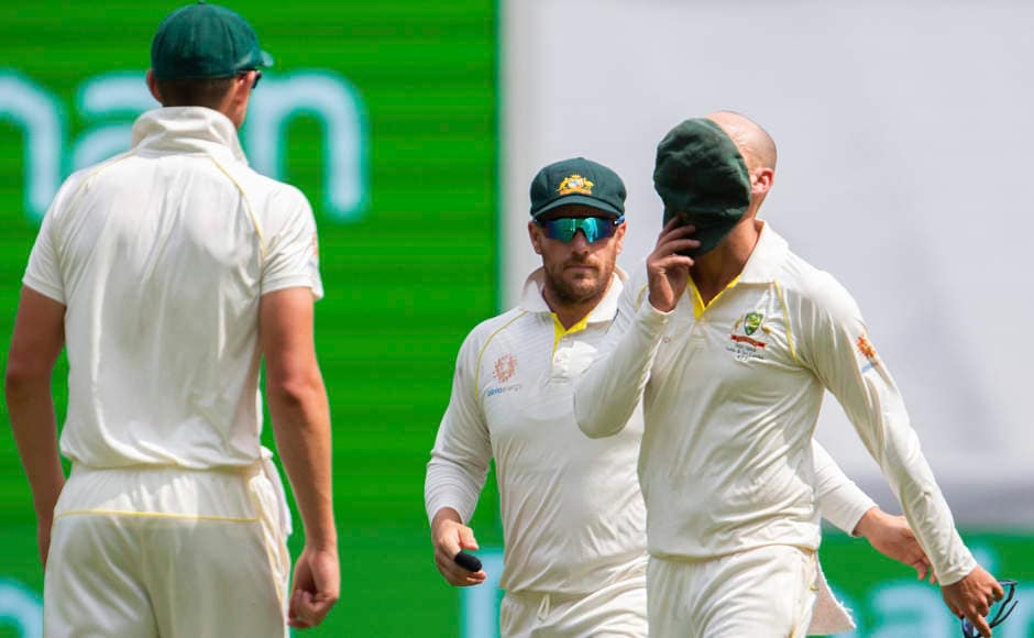 Australia had yet another difficult outing in the middle as they struggled to pick wickets. Nathan Lyon (extreme right) himself had a tough day as he bowled 48 overs in the innings and ended up with just 1 wicket. Australia, in all, could manage to pick just 7 of the Indian wickets. AP Australia had yet another difficult outing in the middle as they struggled to pick wickets. Nathan Lyon (extreme right) himself had a tough day as he bowled 48 overs in the innings and ended up with just 1 wicket. Australia, in all, could manage to pick just 7 of the Indian wickets. AP