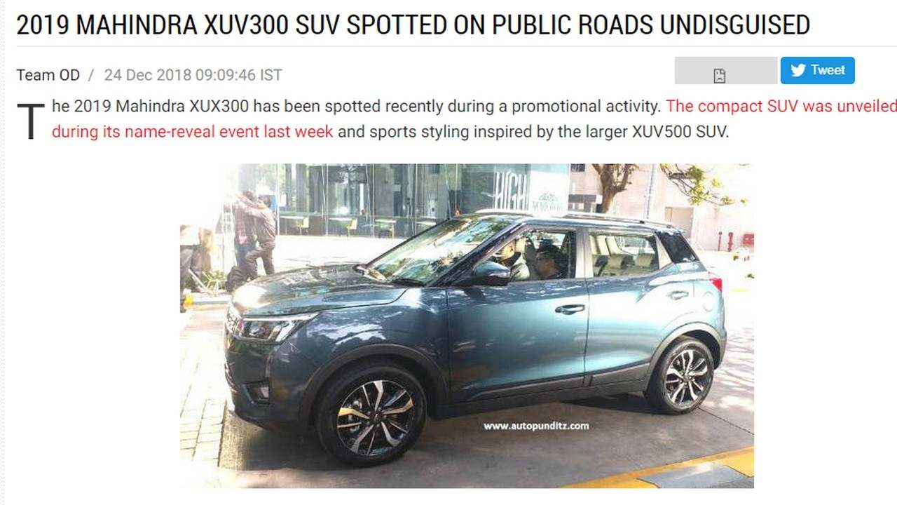 Mahindra XUV 300 spotted. Image: Overdrive