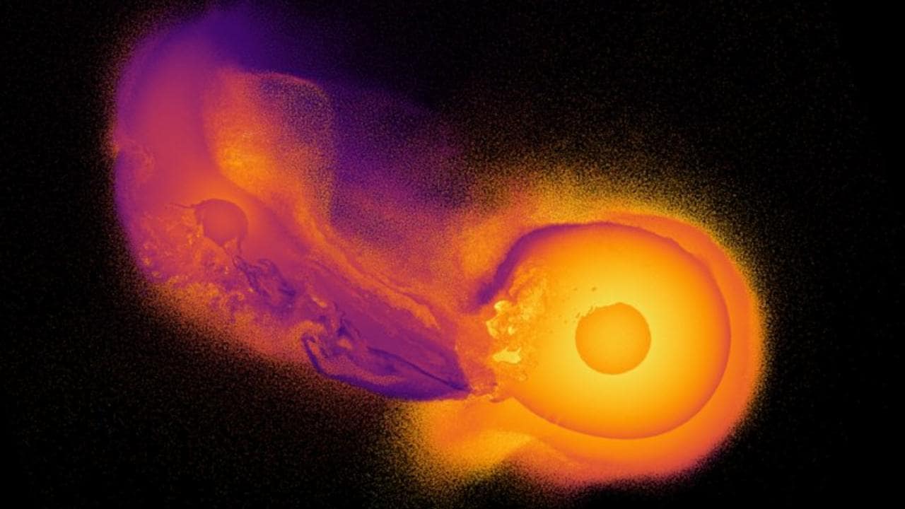 This image shows a computer simulation depicting an object crashing into Uranus. The full simulations show that the collision and reshaping of Uranus 3 billion to 4 billion years ago, likely caused the massive planet to tilt about 90 degrees on its side. Image courtesy: Durham University