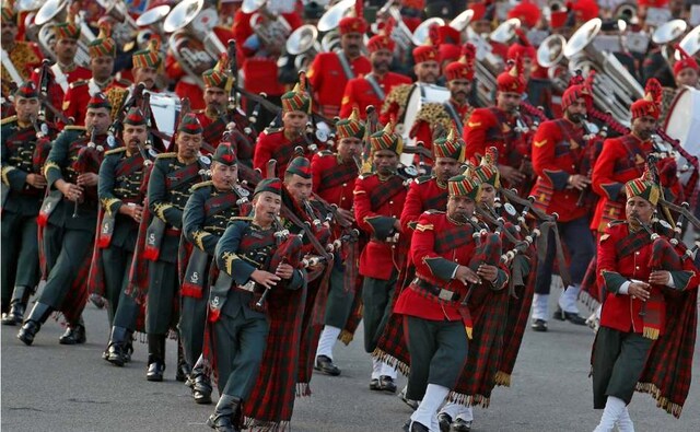 The celebrations include performances by three wings of the military - Indian Army, Indian Navy and Indian Air Force. The ceremony traces its origins to the early 1950s when Major Roberts of the Indian Army developed the unique exercise by the massed bands. Reuters The celebrations include performances by three wings of the military - Indian Army, Indian Navy and Indian Air Force. The ceremony traces its origins to the early 1950s when Major Roberts of the Indian Army developed the unique exercise by the massed bands. Reuters