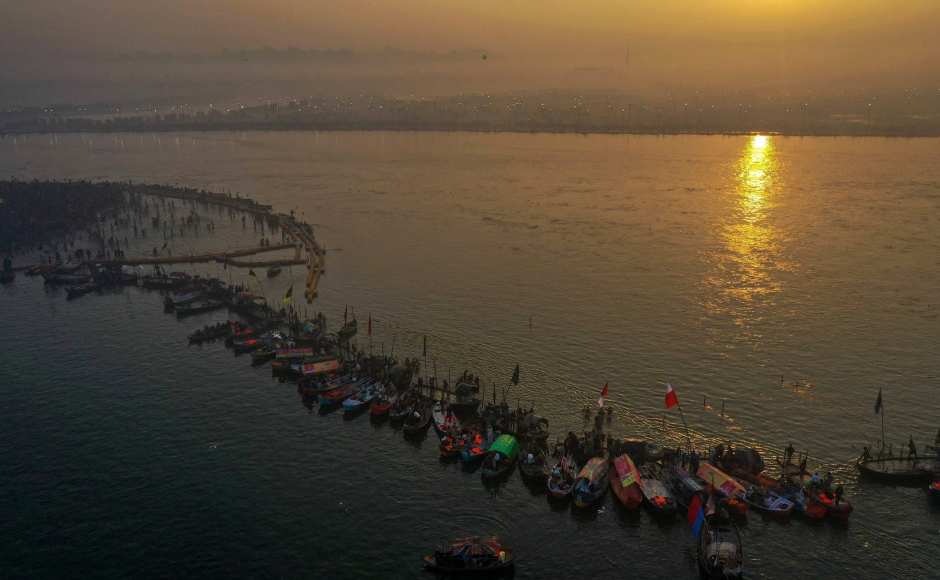 An aerial view shows devotees gathered at Sangam to take a holy dip on the occasion of 'Paush Purnima' during Kumbh Mela in Prayagraj. PTI An aerial view shows devotees gathered at Sangam to take a holy dip on the occasion of 'Paush Purnima' during Kumbh Mela in Prayagraj. PTI