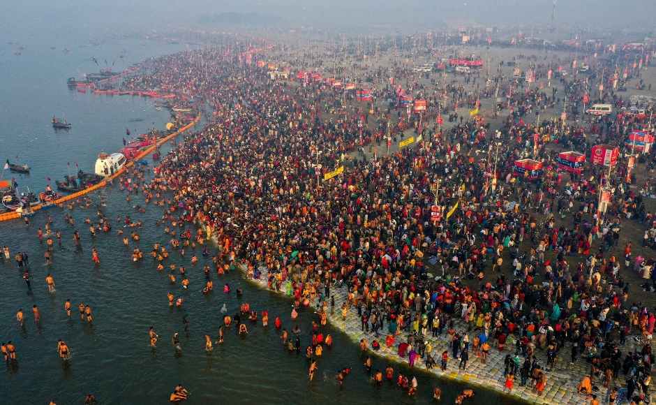 An aerial view shows devotees gathered at Sangam. PTI An aerial view shows devotees gathered at Sangam. PTI
