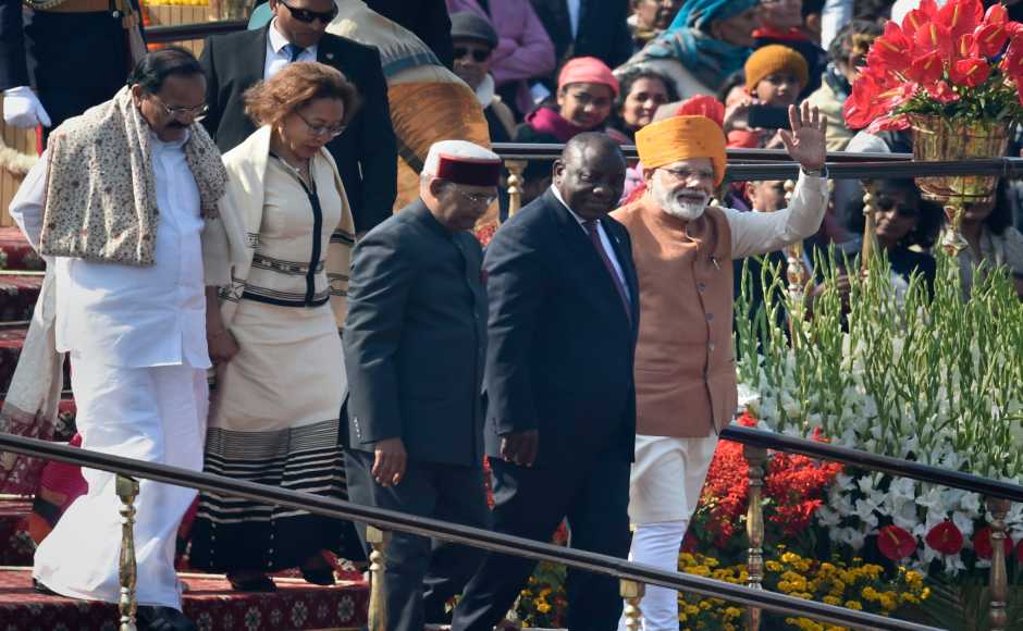 Prime Minister Narendra Modi paid his tributes to the martyrs by laying a wreath at Amar Jawan Jyoti, wearing his traditional kurta pyjama and the trademark Nehru jacket. He received President Ram Nath Kovind and the chief guest, South African president Cyril Pamaphosa. PTI Prime Minister Narendra Modi paid his tributes to the martyrs by laying a wreath at Amar Jawan Jyoti, wearing his traditional kurta pyjama and the trademark Nehru jacket. He received President Ram Nath Kovind and the chief guest, South African president Cyril Pamaphosa. PTI