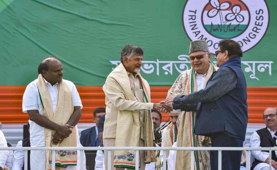 Over 20 Opposition party leaders were in attendance, including Karnataka chief minister HD Kumarswamy, Andhra Pradesh chief minister N Chandrababu Naidu, BJP MP Shatrughan Sinha and National Conference president Farooq Abdullah. All the leaders addressed the gathering. PTI Over 20 Opposition party leaders were in attendance, including Karnataka chief minister HD Kumarswamy, Andhra Pradesh chief minister N Chandrababu Naidu, BJP MP Shatrughan Sinha and National Conference president Farooq Abdullah. All the leaders addressed the gathering. PTI