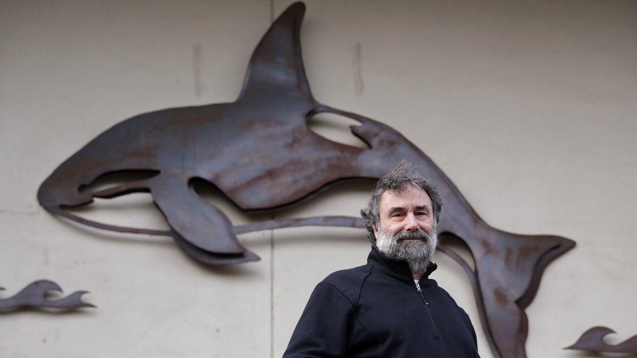 Salmon researcher Greg Ruggerone, one of a group of scientists who noticed a startling trend about the deaths of endangered southern resident orca whales, stands in front of an orca sculpture near his office Friday, 18 Jan, 2019. Image: AP
