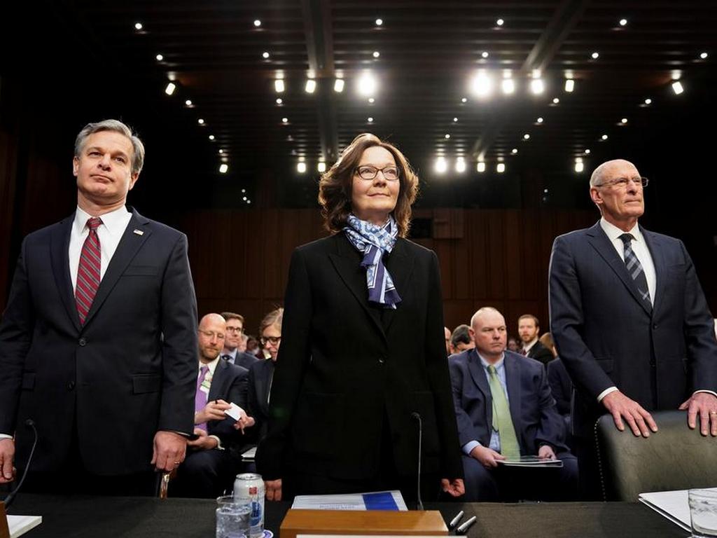 FBI Director Christopher Wray; CIA Director Gina Haspel and Director of National Intelligence Dan Coats at a Senate Intelligence Committee hearing on