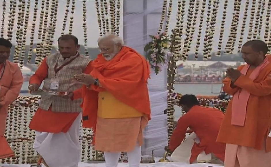 Modi then visited Prayagraj, also called Allahabad, along with Adityanath. He first performed the Triveni Pooja by the banks of the Ganges. Twitter/PMOIndia Modi then visited Prayagraj, also called Allahabad, along with Adityanath. He first performed the Triveni Pooja by the banks of the Ganges. Twitter/PMOIndia