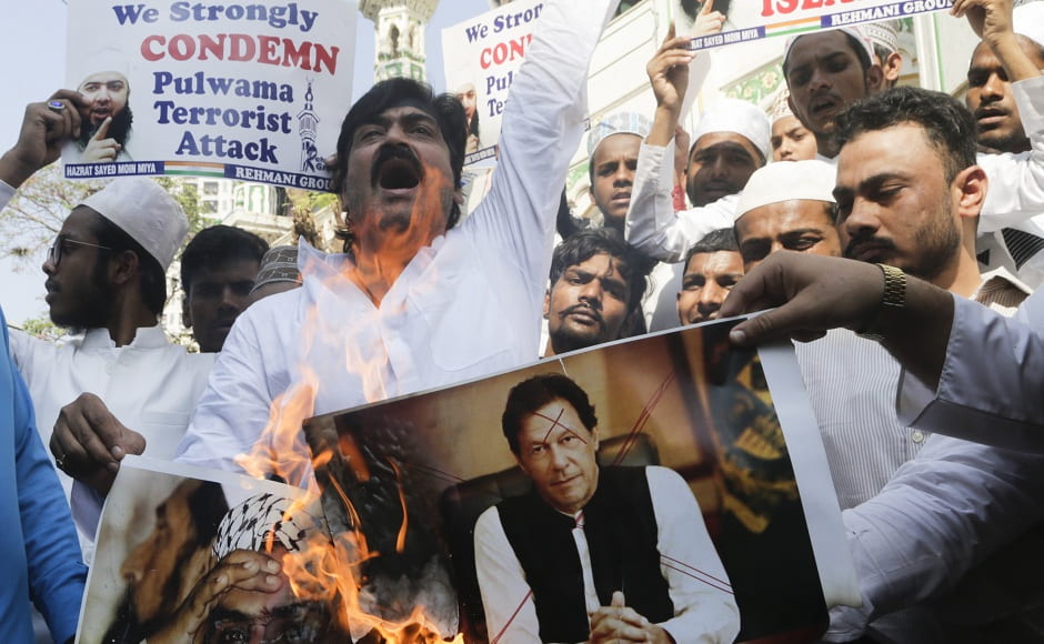 In another protest held in Mumbai, people were seen burning pictures of Pakistani prime minister Imran Khan and Jaish-e-Mohammed leader Masood Azhar. Khan’s promises about maintaining peaceful and friendly relations between the neighbouring countries were slammed after the attack. AP In another protest held in Mumbai, people were seen burning pictures of Pakistani prime minister Imran Khan and Jaish-e-Mohammed leader Masood Azhar. Khan’s promises about maintaining peaceful and friendly relations between the neighbouring countries were slammed after the attack. AP