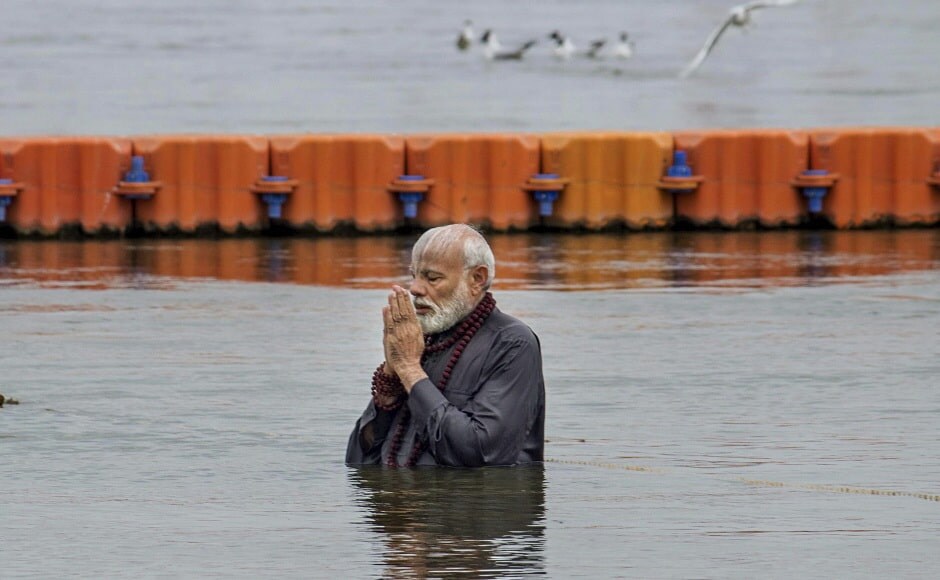 Modi also took a dip in the holy river. On his Twitter account, Modi shared a video of him taking a dip and wrote, “Prayed for the well-being of 130 crore Indians.” PTI Modi also took a dip in the holy river. On his Twitter account, Modi shared a video of him taking a dip and wrote, “Prayed for the well-being of 130 crore Indians.” PTI