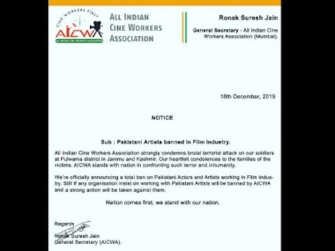 After Pulwama terror attack, All India Cine Workers Association announces complete ban on Pakistani artistes After Pulwama terror attack, All India Cine Workers Association announces complete ban on Pakistani artistes