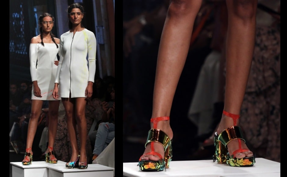The collection featured sneakers, boots and heels in hues of pink, orange, green and blue. Photo: Sachin Gokhale/Firstpost The collection featured sneakers, boots and heels in hues of pink, orange, green and blue. Photo: Sachin Gokhale/Firstpost