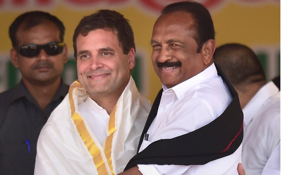 Rahul was greeted by Marumalarchi Dravida Munnetra Kazhagam (MDMK) chief Vaiko during the formal launch of UPA campaign in Tamil Nadu from the Kanyakumari parliamentary constituency, at Nagercoil, in Kanyakumari district, on Wednesday. PTI Rahul was greeted by Marumalarchi Dravida Munnetra Kazhagam (MDMK) chief Vaiko during the formal launch of UPA campaign in Tamil Nadu from the Kanyakumari parliamentary constituency, at Nagercoil, in Kanyakumari district, on Wednesday. PTI