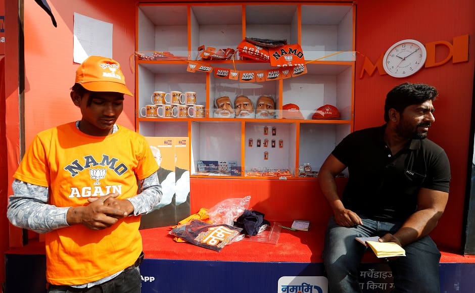 Modi also referred to his famous ‘chowkidar’ campaign, adding that India was witnessing for the first time a government that knows how to deliver. He hit out at the ‘daagdaar’ (tainted) Opposition, saying that the BJP is ‘dumdaar’ (strong). Seen here is Modi and Main Bhi Chowkidar merchandise at the Meerut rally venue. Reuters Modi also referred to his famous ‘chowkidar’ campaign, adding that India was witnessing for the first time a government that knows how to deliver. He hit out at the ‘daagdaar’ (tainted) Opposition, saying that the BJP is ‘dumdaar’ (strong). Seen here is Modi and Main Bhi Chowkidar merchandise at the Meerut rally venue. Reuters