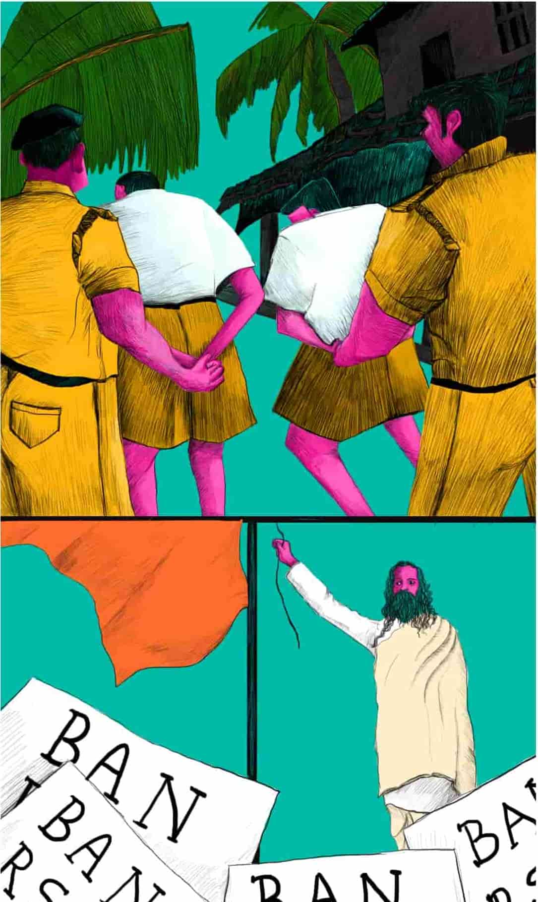Top panel: RSS banned, RSS cadre attacked Bottom panel: Golwalkar hoists flag of the Sangh after the ban is lifted despite protests. Illustration: Shrujana Niranjani Shridhar