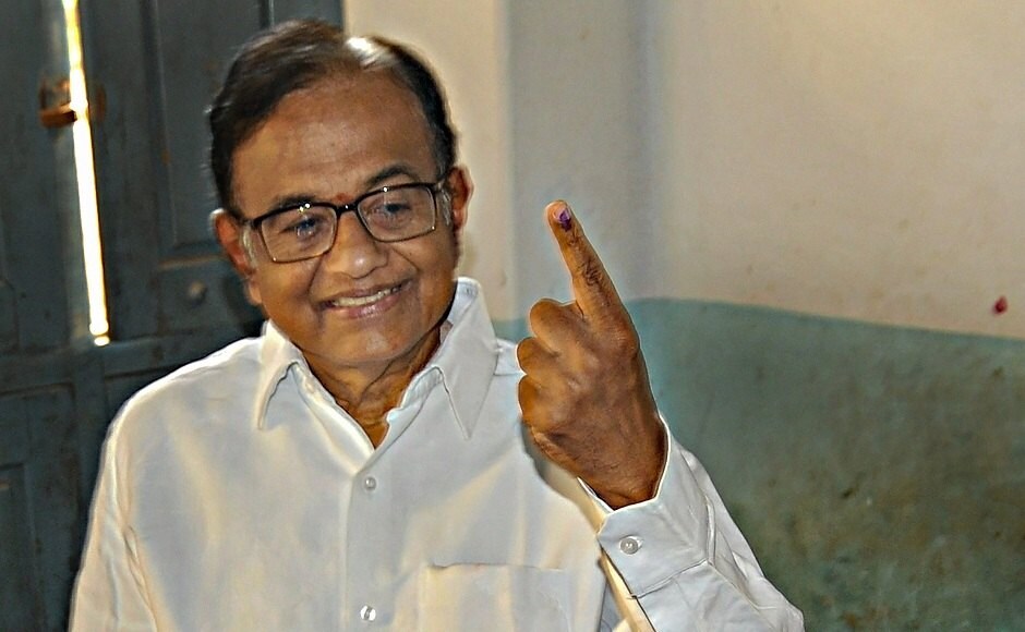 Congress leader P Chidambaram shows his finger marked with indelible ink after casting his vote at a polling station in Sivaganga district of Tamil Nadu. PTI Congress leader P Chidambaram shows his finger marked with indelible ink after casting his vote at a polling station in Sivaganga district of Tamil Nadu. PTI