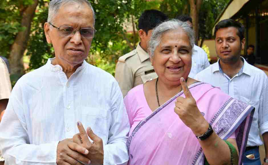 Infosys founder and mentor Narayana Murthy (L) and his philanthropist wife Sidha Murthy show their inked index finger after casting their vote during the second phase of Lok Sabha elections in Bangalore. AFP Infosys founder and mentor Narayana Murthy (L) and his philanthropist wife Sidha Murthy show their inked index finger after casting their vote during the second phase of Lok Sabha elections in Bangalore. AFP