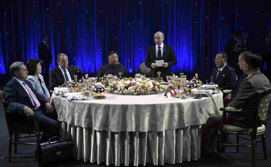 Putin and Kim, accompanied by officials, attended a reception following their talks at the Far Eastern Federal University campus on Russky island in the far-eastern Russian port of Vladivostok. AFP Putin and Kim, accompanied by officials, attended a reception following their talks at the Far Eastern Federal University campus on Russky island in the far-eastern Russian port of Vladivostok. AFP