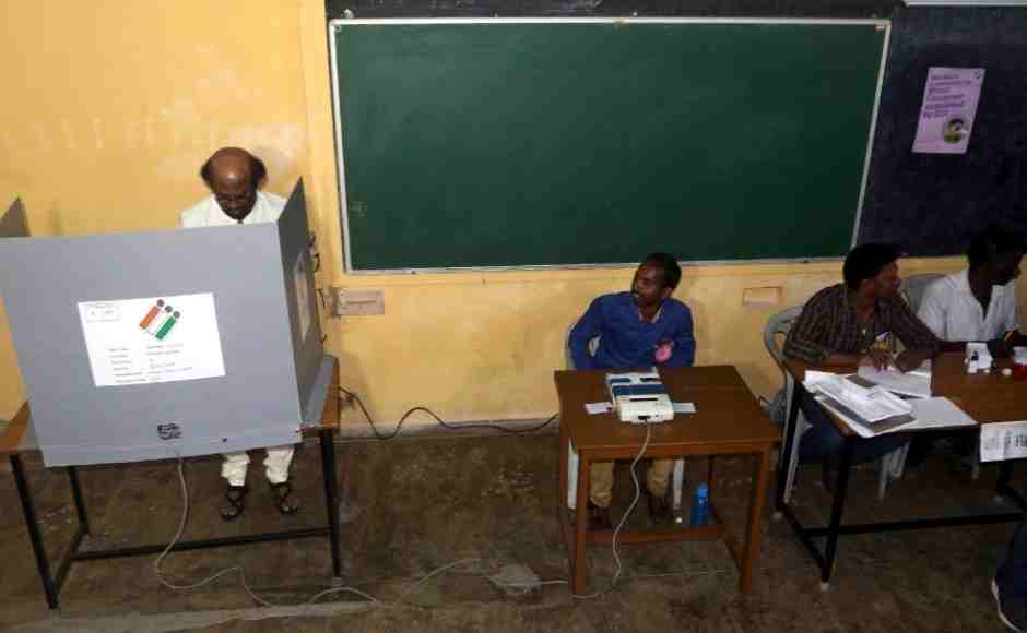 Superstar Rajnikanth arrives to cast his vote during the second phase of general elections in Chennai. AP Superstar Rajnikanth arrives to cast his vote during the second phase of general elections in Chennai. AP