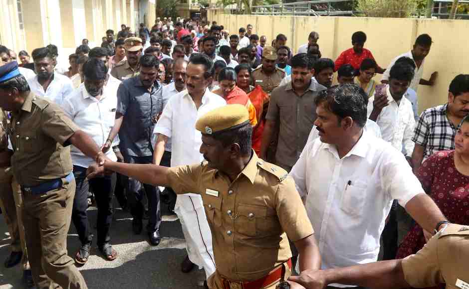 Dravida Munnetra Kazhagam (DMK) leader MK Stalin walks outside a polling station after casting his vote in Chennai. AP Dravida Munnetra Kazhagam (DMK) leader MK Stalin walks outside a polling station after casting his vote in Chennai. AP