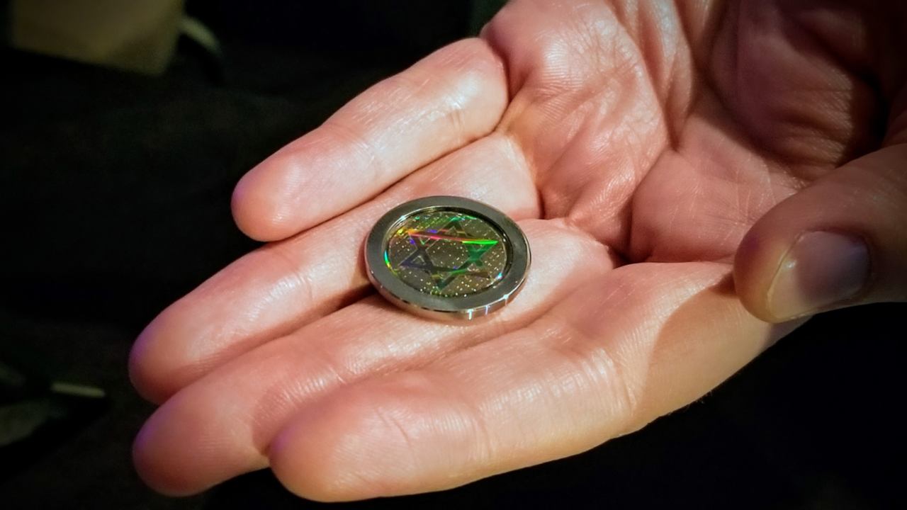 Inside the time capsule on SpaceIL's Beresheet lander is this tiny coin, etched with text of the entire Hebrew Bible on its surface. Image credit: SpaceIL