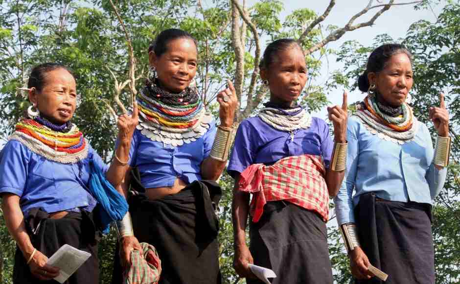 Women of Reang tribal community show their inked marked finger after casting vote during the third phase of the 2019 Lok Sabha elections at a polling station in Agartala. PTI Women of Reang tribal community show their inked marked finger after casting vote during the third phase of the 2019 Lok Sabha elections at a polling station in Agartala. PTI