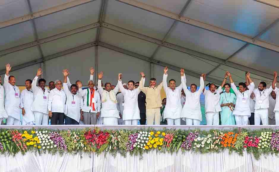 Congress President Rahul Gandhi, former prime minister and JD(S) chief HD Deve Gowda and TDP president and Andhra Pradesh chief minister N Chandrababu Naidu at a campaign rally for the Lok Sabha elections in Raichur on Friday. PTI Congress President Rahul Gandhi, former prime minister and JD(S) chief HD Deve Gowda and TDP president and Andhra Pradesh chief minister N Chandrababu Naidu at a campaign rally for the Lok Sabha elections in Raichur on Friday. PTI