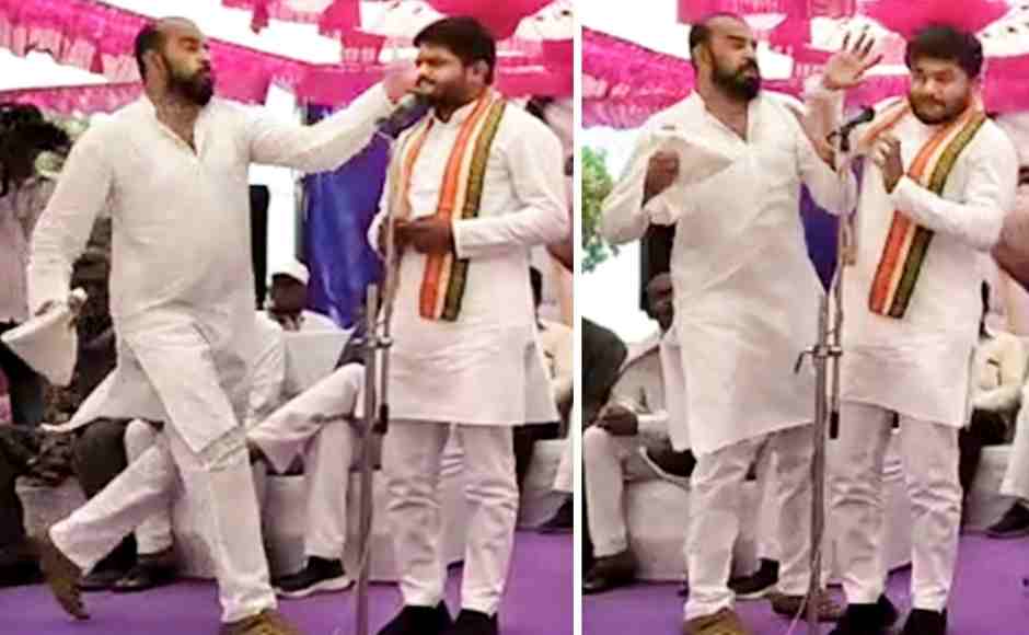 In this combo picture taken from video footage, Congress leader Hardik Patel is slapped by a man, later identified as Tarun Gajjar, while he was addressing a 'Jan Akrosh' (public anger) rally in Surendranagar, Gujarat on Friday. PTI In this combo picture taken from video footage, Congress leader Hardik Patel is slapped by a man, later identified as Tarun Gajjar, while he was addressing a 'Jan Akrosh' (public anger) rally in Surendranagar, Gujarat on Friday. PTI