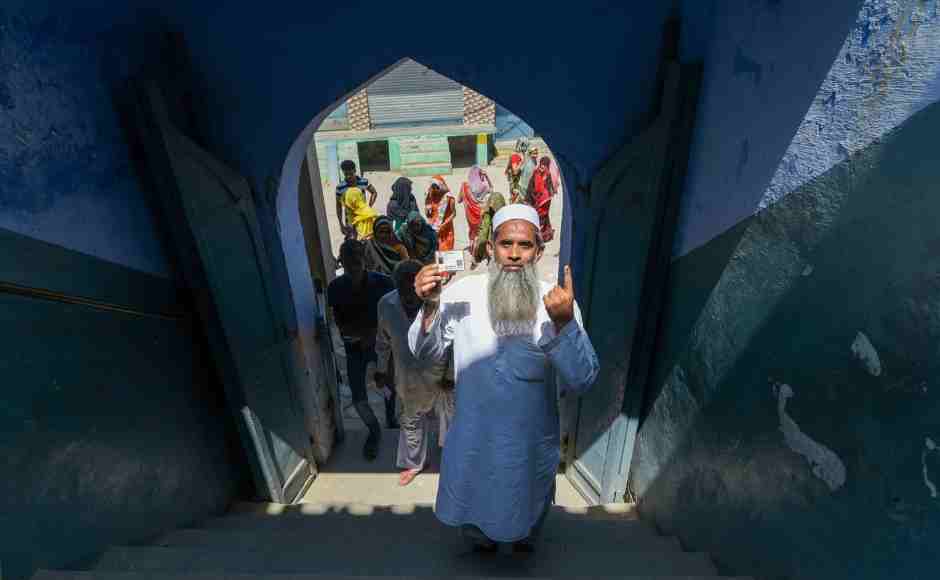 An elderly voter shows his ink-marked finger after casting vote at a polling station at Siyana, Bulandshahr. PTI An elderly voter shows his ink-marked finger after casting vote at a polling station at Siyana, Bulandshahr. PTI