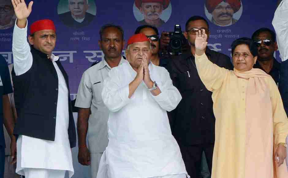 Samajwadi Party patron Mulayam Singh Yadav with Bahujan Samaj Party supremo Mayawati and SP president Akhilesh Yadav during their joint campaign rally in Mainpuri on Friday. PTI Samajwadi Party patron Mulayam Singh Yadav with Bahujan Samaj Party supremo Mayawati and SP president Akhilesh Yadav during their joint campaign rally in Mainpuri on Friday. PTI