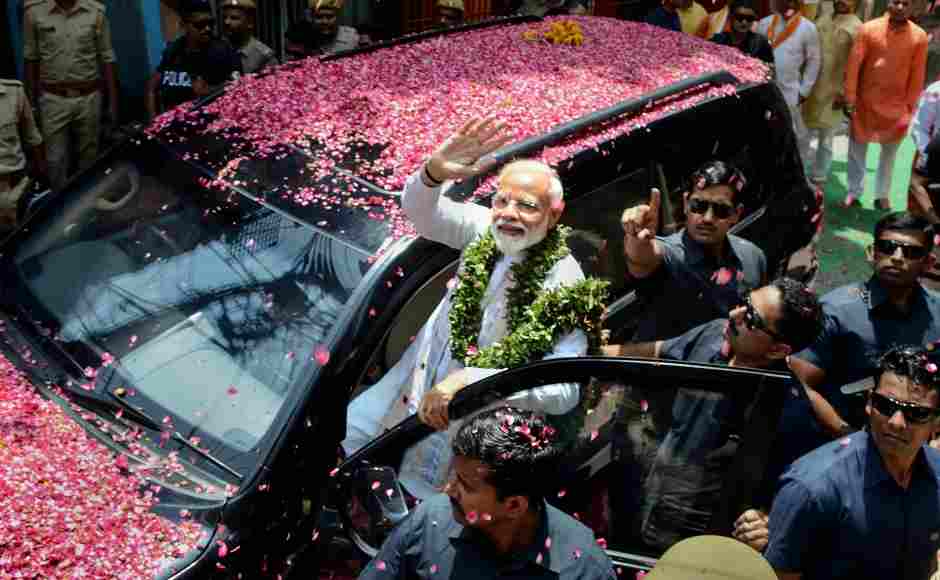 Prime Minister Narendra Modi waves at party supporters as he leaves to file his nomination paper from Varanasi Lok Sabha parliamentary constituency after offering prayers at the Baba Kaal Bhairav temple in Varanasi on Friday. PTI Prime Minister Narendra Modi waves at party supporters as he leaves to file his nomination paper from Varanasi Lok Sabha parliamentary constituency after offering prayers at the Baba Kaal Bhairav temple in Varanasi on Friday. PTI