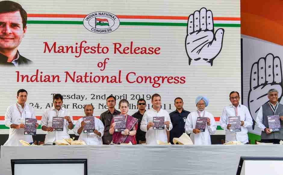 Congress President Rahul Gandhi, senior party leaders Sonia Gandhi, Manmohan Singh, AK Antony, P Chidambaram, general secretary KC Venugopal and spokesperson Randeep Singh Surjewala during the release. PTI Congress President Rahul Gandhi, senior party leaders Sonia Gandhi, Manmohan Singh, AK Antony, P Chidambaram, general secretary KC Venugopal and spokesperson Randeep Singh Surjewala during the release. PTI