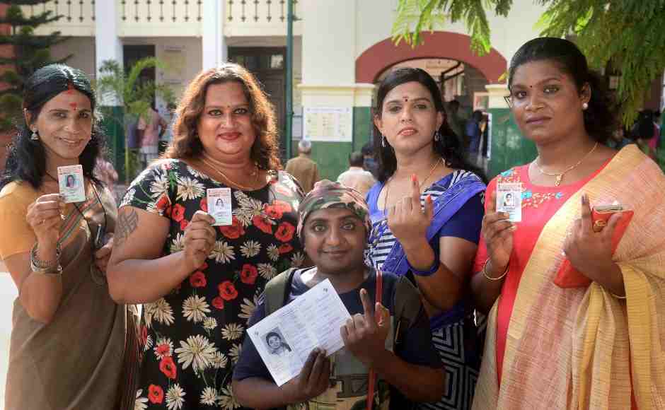 Members of the transgender community show their election card and inked marked finger after casting vote at a polling station in Thiruvananthapuram. PTI Members of the transgender community show their election card and inked marked finger after casting vote at a polling station in Thiruvananthapuram. PTI