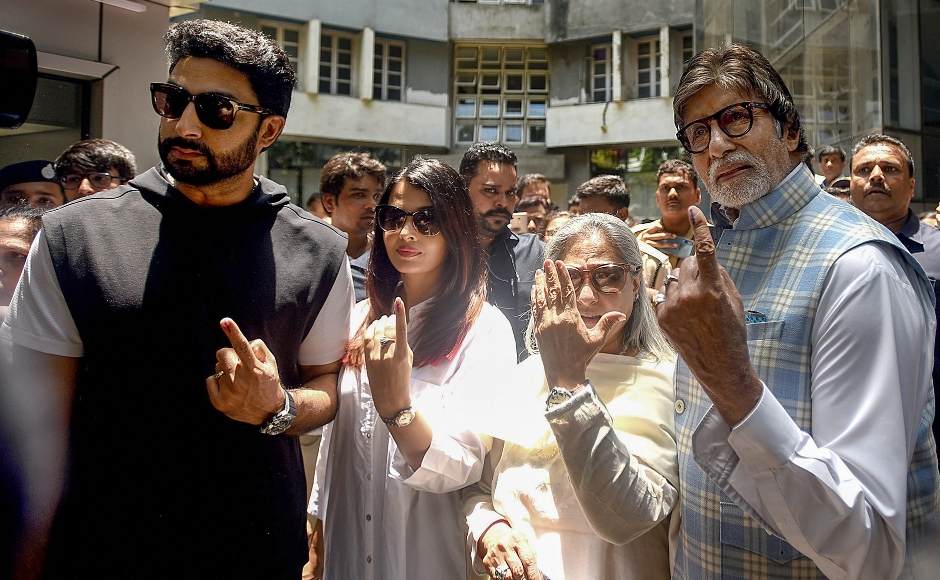 Veteran actor Amitabh Bachchan, along with wife Jaya, voted at a polling booth in Juhu this afternoon. Daughter-in-law Aishwarya Rai Bachchan and son Abhishek Bachchan also accompanied him. PTI Veteran actor Amitabh Bachchan, along with wife Jaya, voted at a polling booth in Juhu this afternoon. Daughter-in-law Aishwarya Rai Bachchan and son Abhishek Bachchan also accompanied him. PTI