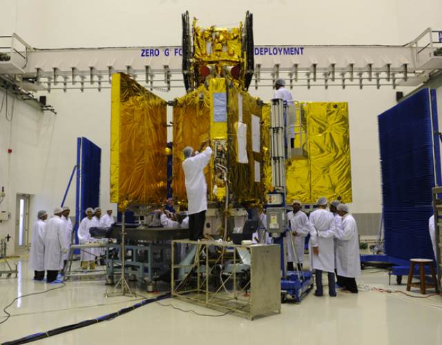 RISAT-1 undergoing prelaunch tests at clean room in Sriharikota in 2009. Image: ISRO