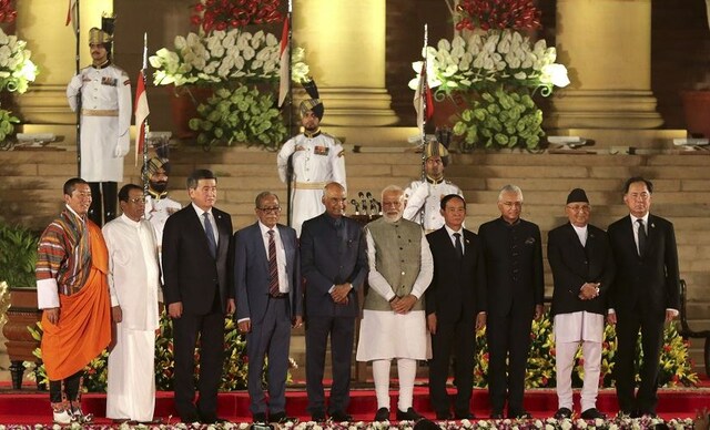 Leaders of BIMSTEC countries including President of Kyrgyzstan Sooronbay JeenbekovPresident of Bangladesh Abdul Hamid, Sri Lankan president Maithripala Sirisena, Nepal prime minister KP Sharma Oli, President of Myanmar U Win Myint and Bhutanese prime minister Lotay Tshering also attended the gala event. AP Leaders of BIMSTEC countries including President of Kyrgyzstan Sooronbay JeenbekovPresident of Bangladesh Abdul Hamid, Sri Lankan president Maithripala Sirisena, Nepal prime minister KP Sharma Oli, President of Myanmar U Win Myint and Bhutanese prime minister Lotay Tshering also attended the gala event. AP