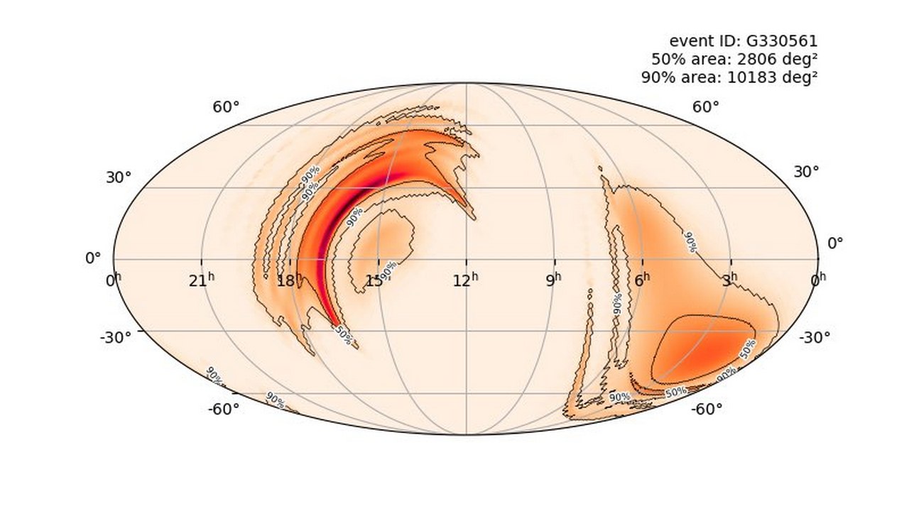LIGO localisation for the neutron star merger S190425z. The area covers about a quarter of the entire sky. LIGO. Image credit: Twitter