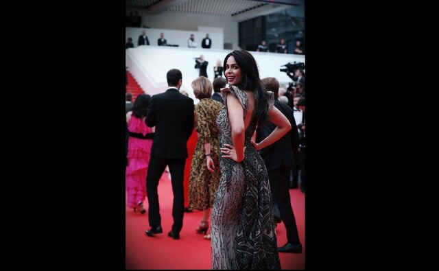 Mallika Sherawat walked the red carpet in a Tony Ward couture gown, which featured bearded detailing on the ensemble | Twitter Mallika Sherawat walked the red carpet in a Tony Ward couture gown, which featured bearded detailing on the ensemble | Twitter
