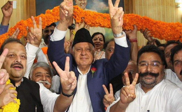 National Conference chief Farooq Abdullah was garlanded on arriving at the party office after winning the Srinagar seat for Lok Sabha elections, in Jammu. Reuters National Conference chief Farooq Abdullah was garlanded on arriving at the party office after winning the Srinagar seat for Lok Sabha elections, in Jammu. Reuters
