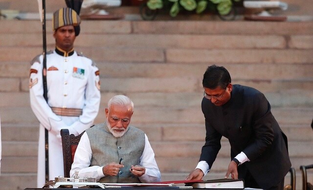 This is the second time Modi took the oath at the forecourt of Rashtrapati Bhavan. Modi was sworn in by former president Pranab Mukherjee in 2014 in the presence of over 3,500 guests including the heads of SAARC countries. Reuters This is the second time Modi took the oath at the forecourt of Rashtrapati Bhavan. Modi was sworn in by former president Pranab Mukherjee in 2014 in the presence of over 3,500 guests including the heads of SAARC countries. Reuters
