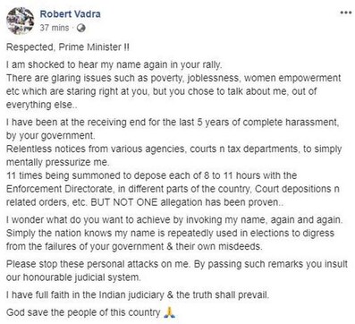 Robert Vadra tells PM to focus on poverty and unemployment, stop invoking his name to distract from 'NDA's failures' Robert Vadra tells PM to focus on poverty and unemployment, stop invoking his name to distract from 'NDA's failures'
