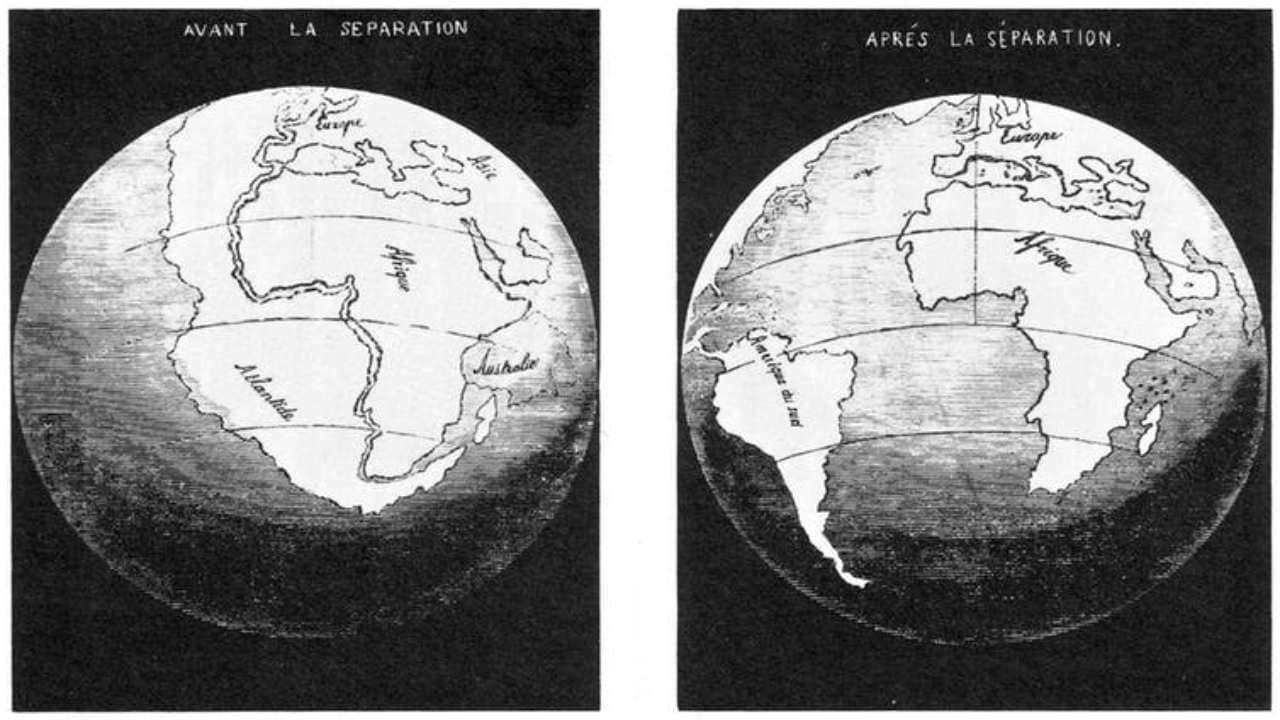 Maps made by Snider-Pellegrini in 1858 showing his idea of how the American and African continents may once have fitted together. Image credit: Wikipedia