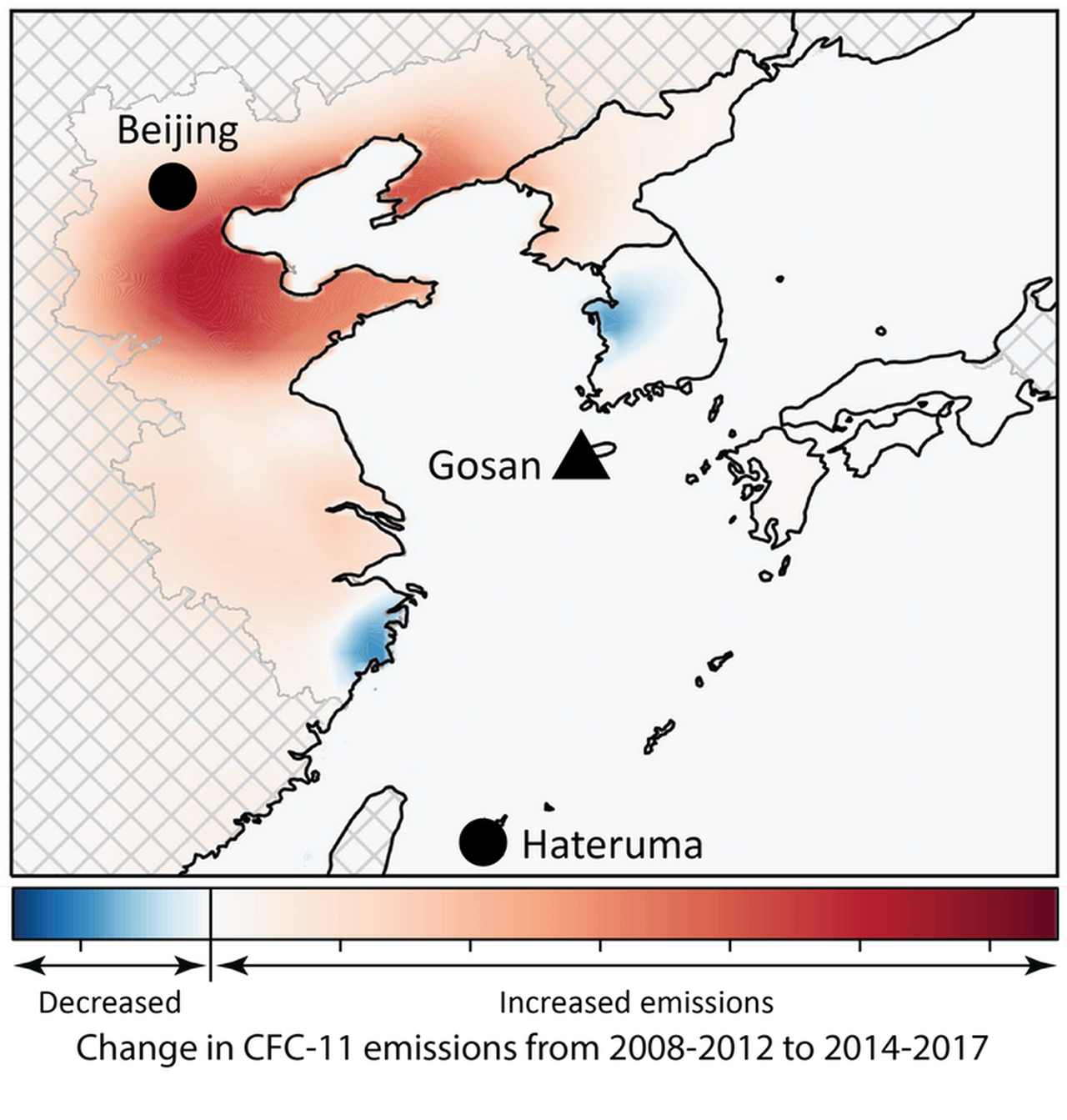 Map showing the region where the increased CFC-11 emissions came from, based on atmospheric measurements and modelling. Image credit: University of Bristol/CSIRO