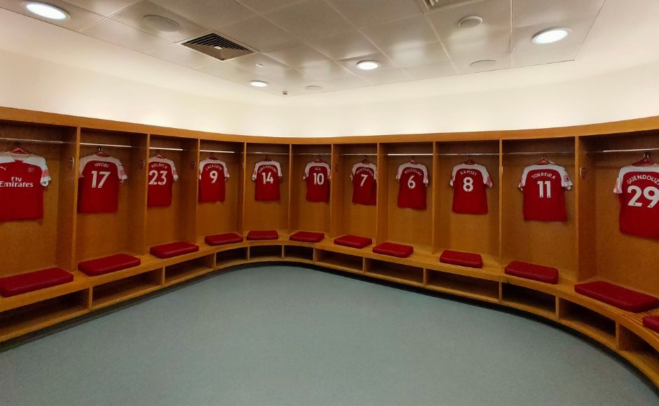 The dressing room of the football team Arsenal at their home turf, The Emirates Stadium. Image clicked via OPPO Reno 10X Hybrid zoom The dressing room of the football team Arsenal at their home turf, The Emirates Stadium. Image clicked via OPPO Reno 10X Hybrid zoom