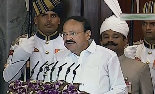 Vice President M Venkaiah Naidu read out sections of the president's speech in English. Kovind had given his speech in Hindi. PTI Vice President M Venkaiah Naidu read out sections of the president's speech in English. Kovind had given his speech in Hindi. PTI