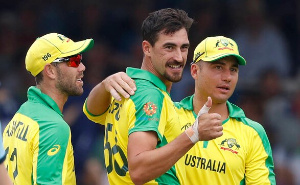 Australia's Mitchell Starc celebrates after dismissing captain Eoin Morgan, leaving England in trouble at 26/3. The speedster finished with figures of 4/43. AP Australia's Mitchell Starc celebrates after dismissing captain Eoin Morgan, leaving England in trouble at 26/3. The speedster finished with figures of 4/43. AP